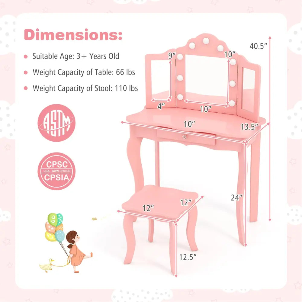 Kid Vanity Table Stool Set with Tri-Folding Mirror and 3-Color LED Lights-Pink - Pink - Kids Vanities