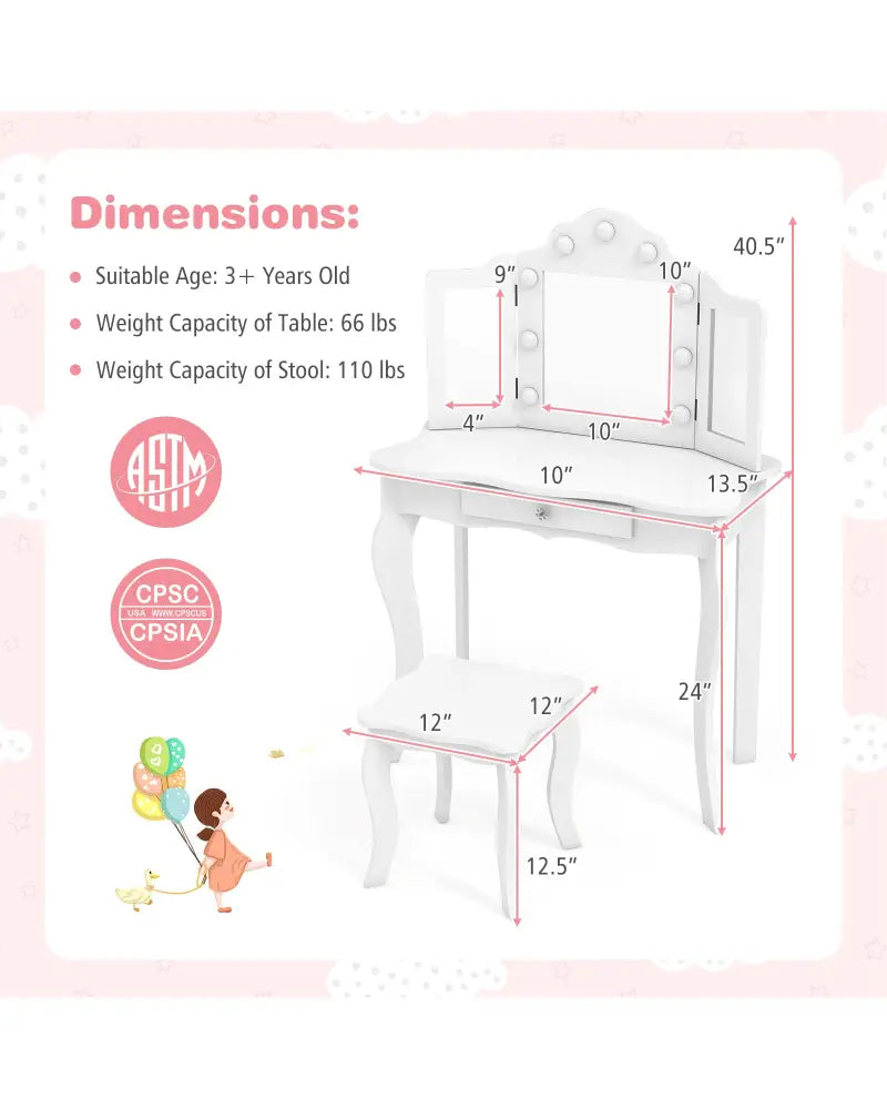 Kid Vanity Table Stool Set with Tri-Folding Mirror and 3-Color LED Lights-White - White - Kids Vanities