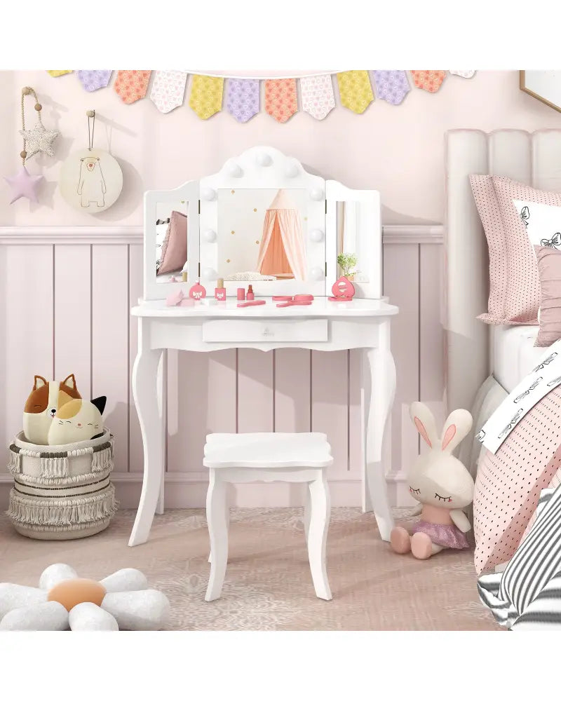 Kid Vanity Table Stool Set with Tri-Folding Mirror and 3-Color LED Lights-White - White - Kids Vanities
