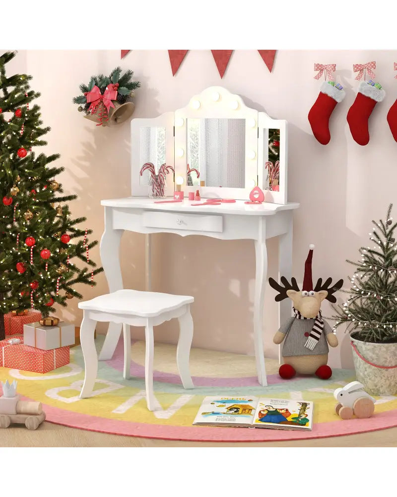 Kid Vanity Table Stool Set with Tri-Folding Mirror and 3-Color LED Lights-White - White - Kids Vanities