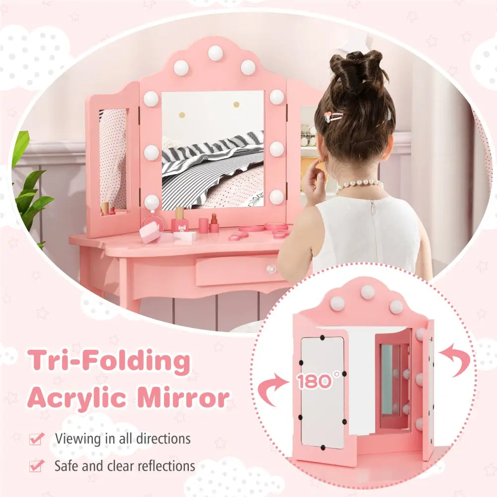 Kid Vanity Table Stool Set with Tri-Folding Mirror and 3-Color LED Lights-Pink - Pink - Kids Vanities