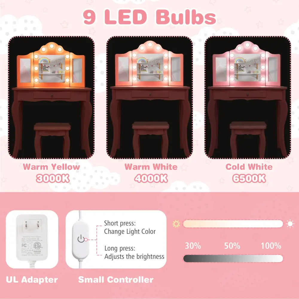 Kid Vanity Table Stool Set with Tri-Folding Mirror and 3-Color LED Lights-Pink - Pink - Kids Vanities
