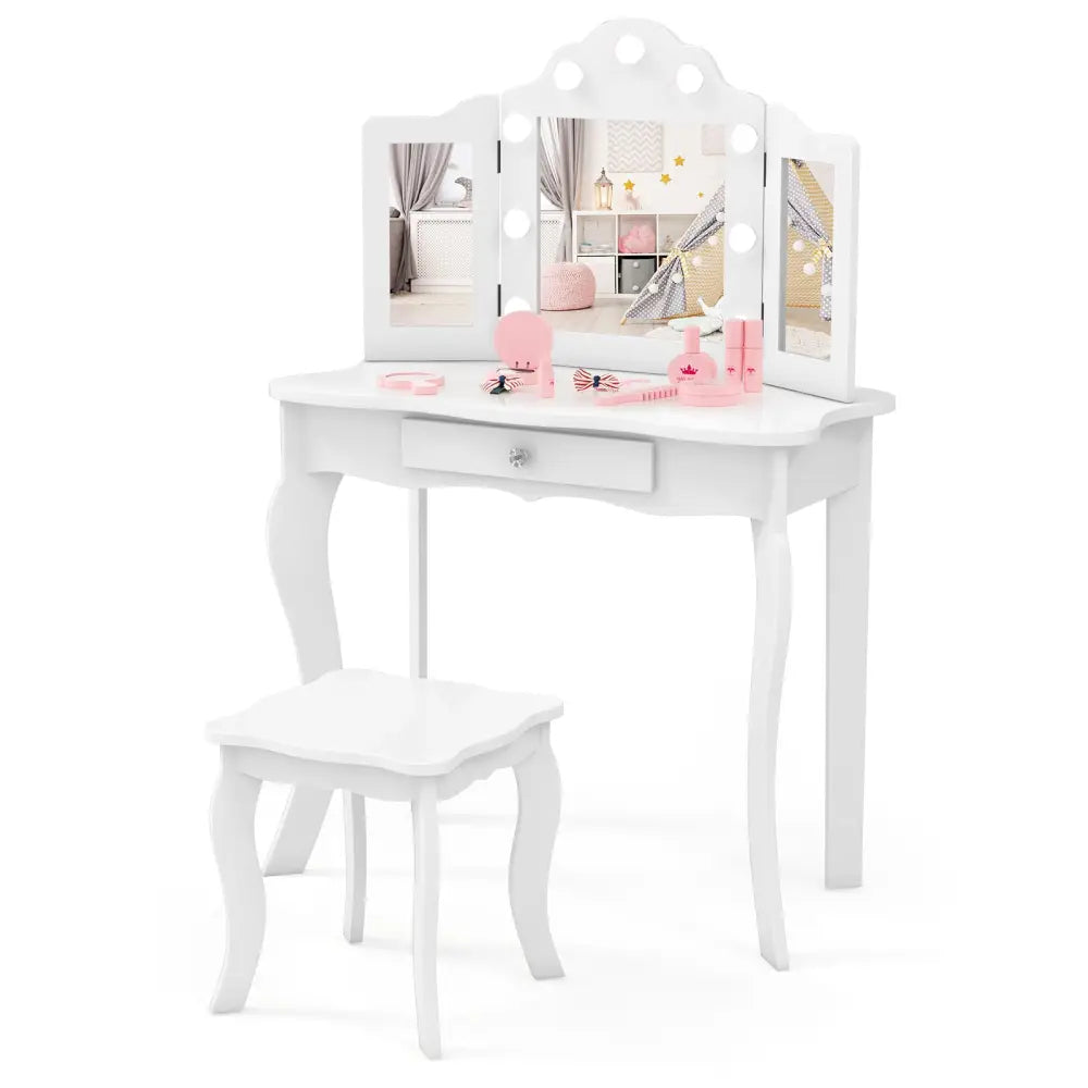 Kid Vanity Table Stool Set with Tri-Folding Mirror and 3-Color LED Lights-White - White - Kids Vanities