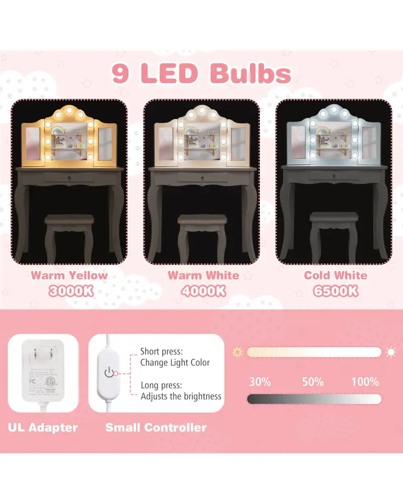 Kid Vanity Table Stool Set with Tri-Folding Mirror and 3-Color LED Lights-White - White - Kids Vanities