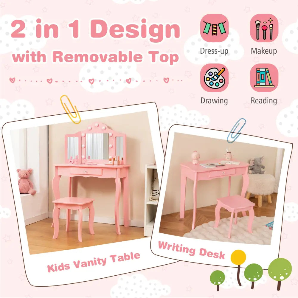 Kid Vanity Table Stool Set with Tri-Folding Mirror and 3-Color LED Lights-Pink - Pink - Kids Vanities