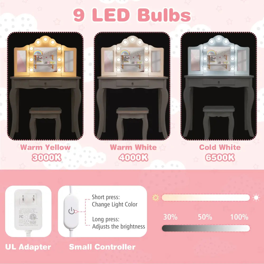 Kid Vanity Table Stool Set with Tri-Folding Mirror and 3-Color LED Lights-White - White - Kids Vanities