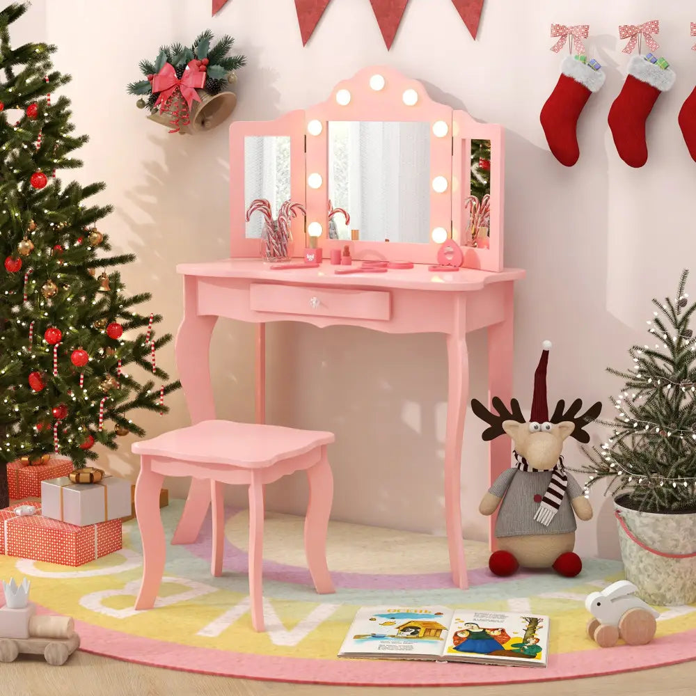 Kid Vanity Table Stool Set with Tri-Folding Mirror and 3-Color LED Lights-Pink - Pink - Kids Vanities