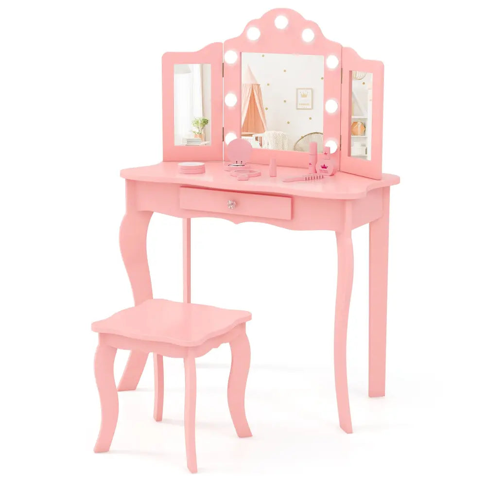 Kid Vanity Table Stool Set with Tri-Folding Mirror and 3-Color LED Lights-Pink - Pink - Kids Vanities