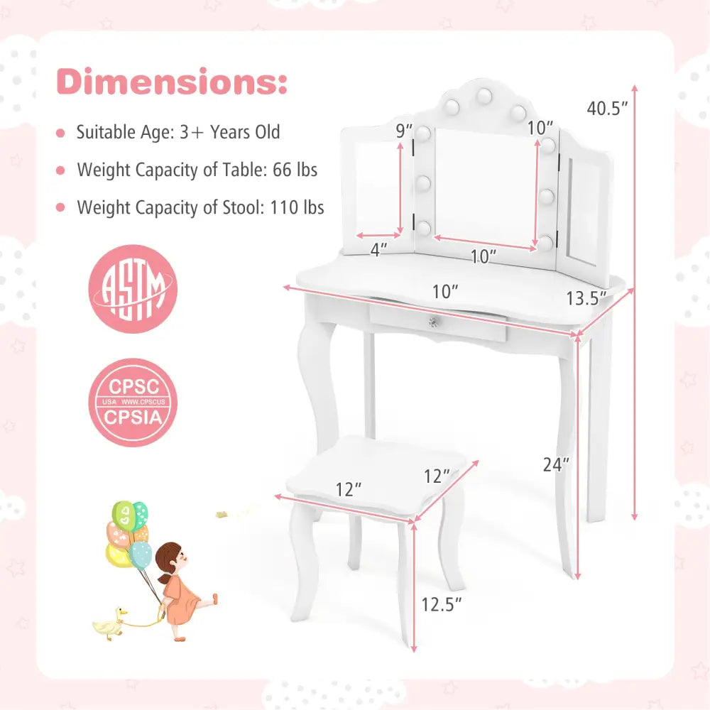 Kid Vanity Table Stool Set with Tri-Folding Mirror and 3-Color LED Lights-White - White - Kids Vanities