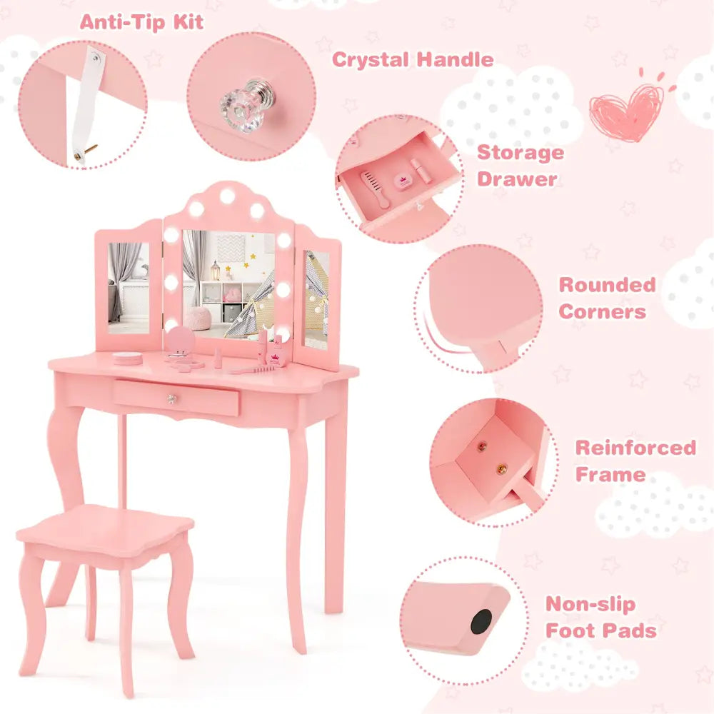 Kid Vanity Table Stool Set with Tri-Folding Mirror and 3-Color LED Lights-Pink - Pink - Kids Vanities