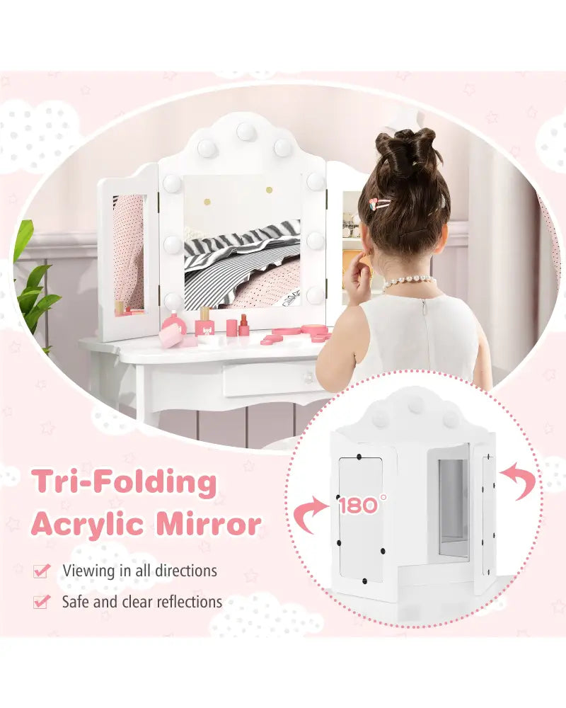 Kid Vanity Table Stool Set with Tri-Folding Mirror and 3-Color LED Lights-White - White - Kids Vanities