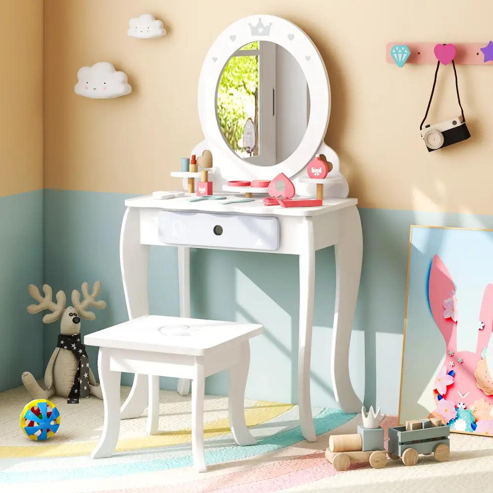Kids 2-in-1 Princess Makeup Table and Chair Set with Removable Mirror-White - White - Kids Vanities