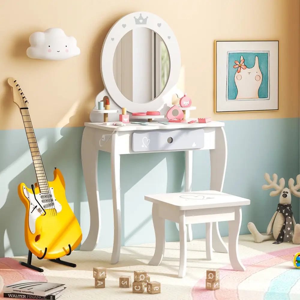 Kids 2-in-1 Princess Makeup Table and Chair Set with Removable Mirror-White - White - Kids Vanities