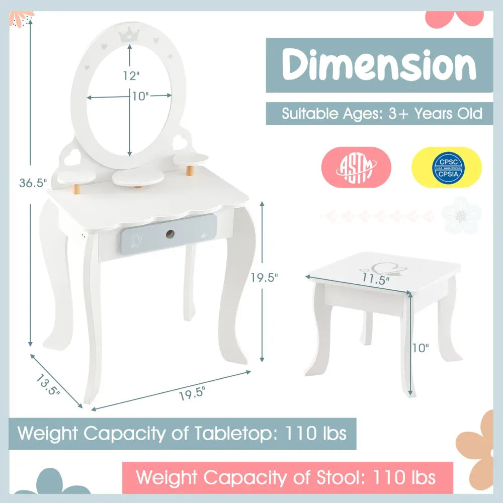 Kids 2-in-1 Princess Makeup Table and Chair Set with Removable Mirror-White - White - Kids Vanities