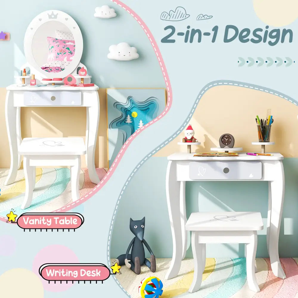 Kids 2-in-1 Princess Makeup Table and Chair Set with Removable Mirror-White - White - Kids Vanities