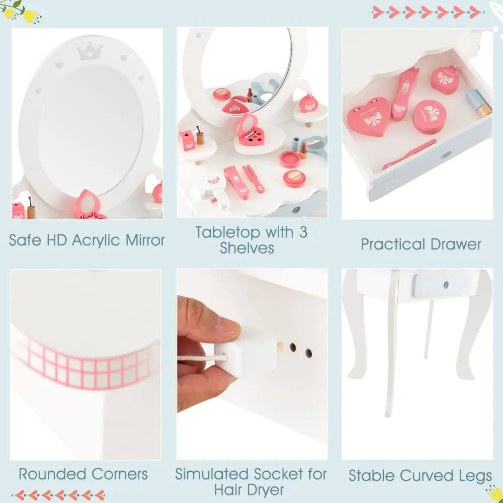 Kids 2-in-1 Princess Makeup Table and Chair Set with Removable Mirror-White - White - Kids Vanities
