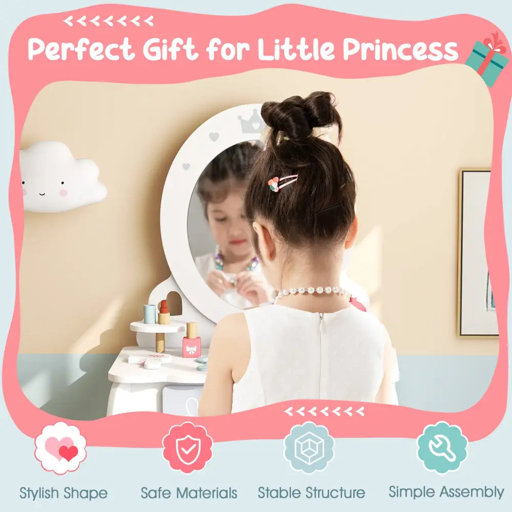 Kids 2-in-1 Princess Makeup Table and Chair Set with Removable Mirror-White - White - Kids Vanities