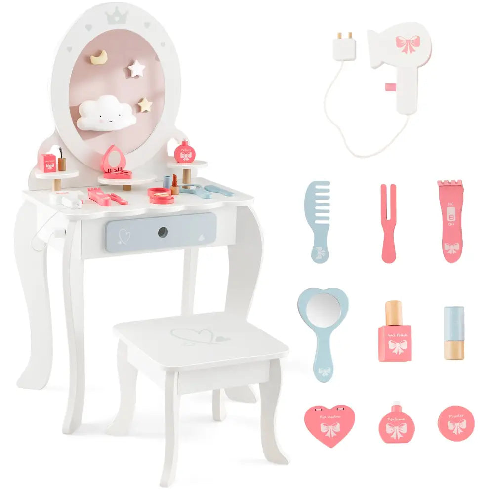 Kids 2-in-1 Princess Makeup Table and Chair Set with Removable Mirror-White - White - Kids Vanities