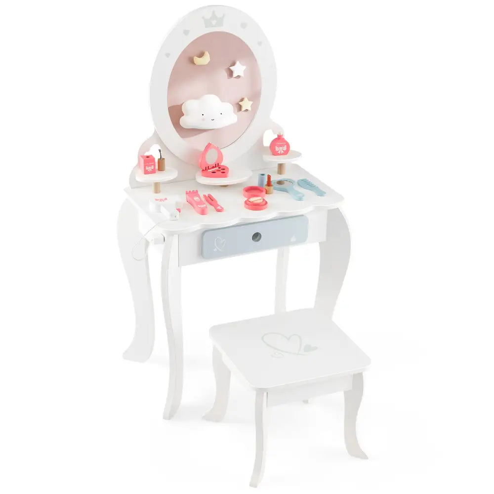 Kids 2-in-1 Princess Makeup Table and Chair Set with Removable Mirror-White - White - Kids Vanities