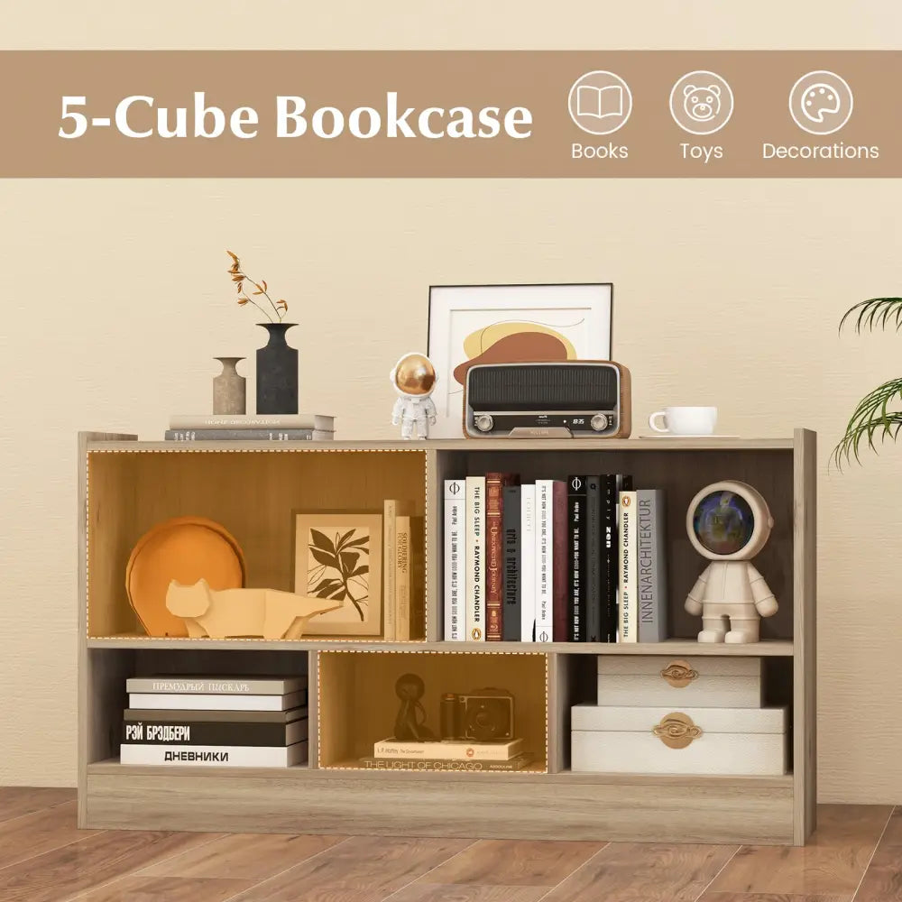 Kids 2-Shelf Bookcase 5-Cube Wood Toy Storage Cabinet Organizer-Natural - Natural - Kids Storage