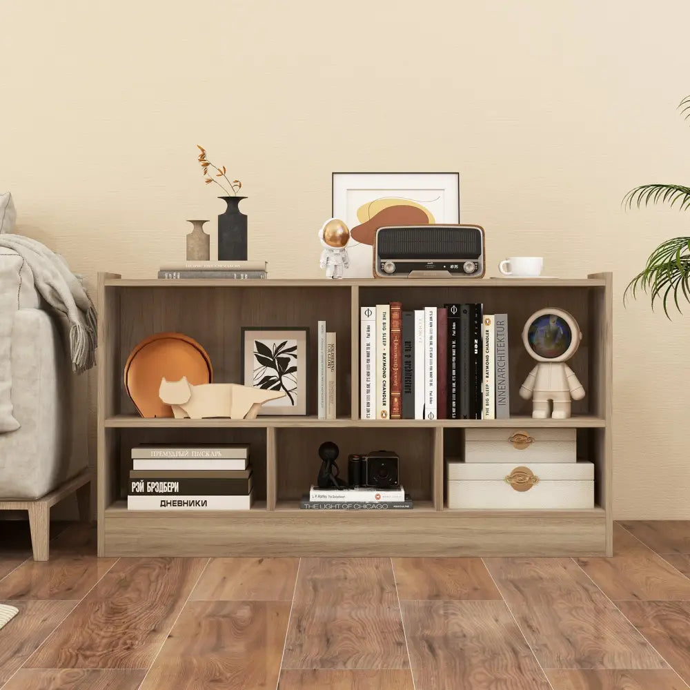 Kids 2-Shelf Bookcase 5-Cube Wood Toy Storage Cabinet Organizer-Natural - Natural - Kids Storage