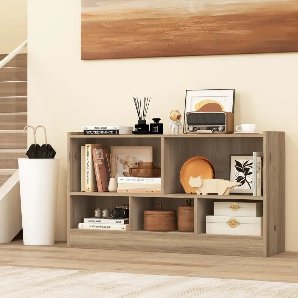 Kids 2-Shelf Bookcase 5-Cube Wood Toy Storage Cabinet Organizer-Natural - Natural - Kids Storage
