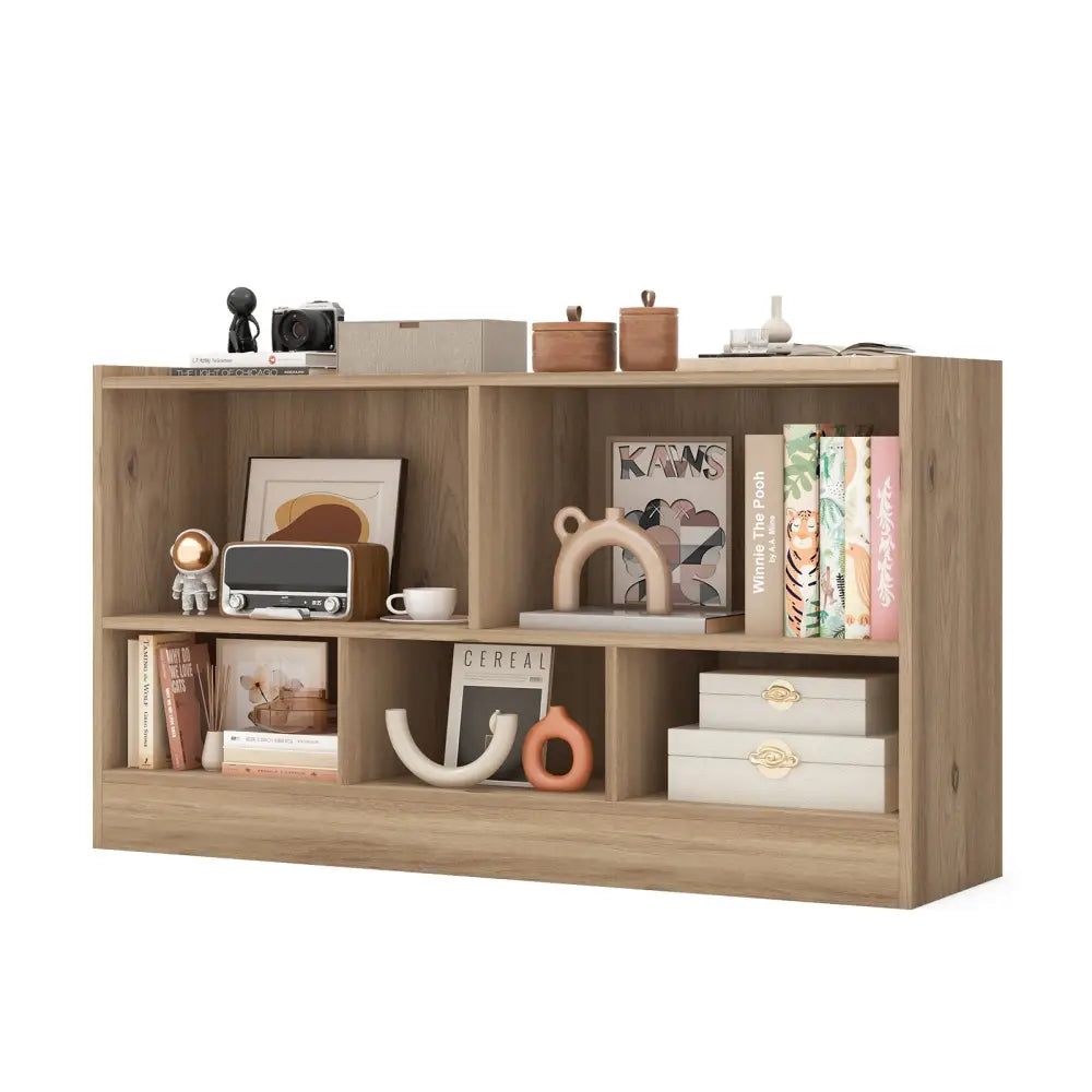 Kids 2-Shelf Bookcase 5-Cube Wood Toy Storage Cabinet Organizer-Natural - Natural - Kids Storage