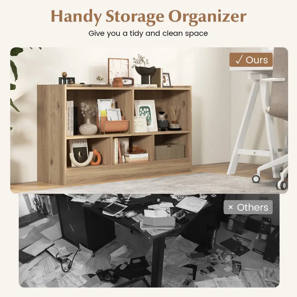 Kids 2-Shelf Bookcase 5-Cube Wood Toy Storage Cabinet Organizer-Natural - Natural - Kids Storage