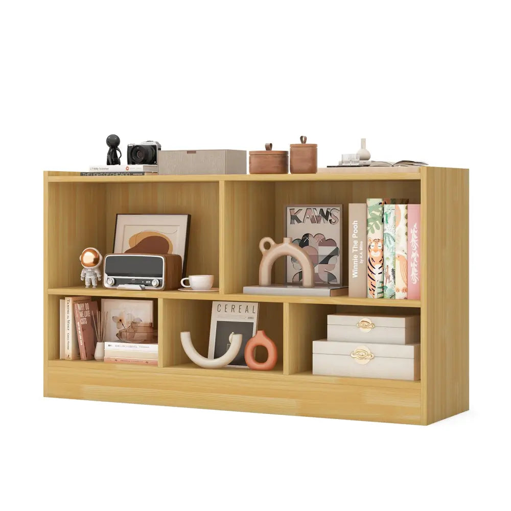 Kids 2-Shelf Bookcase 5-Cube Wood Toy Storage Cabinet Organizer-Beige - Beige - Kids Storage