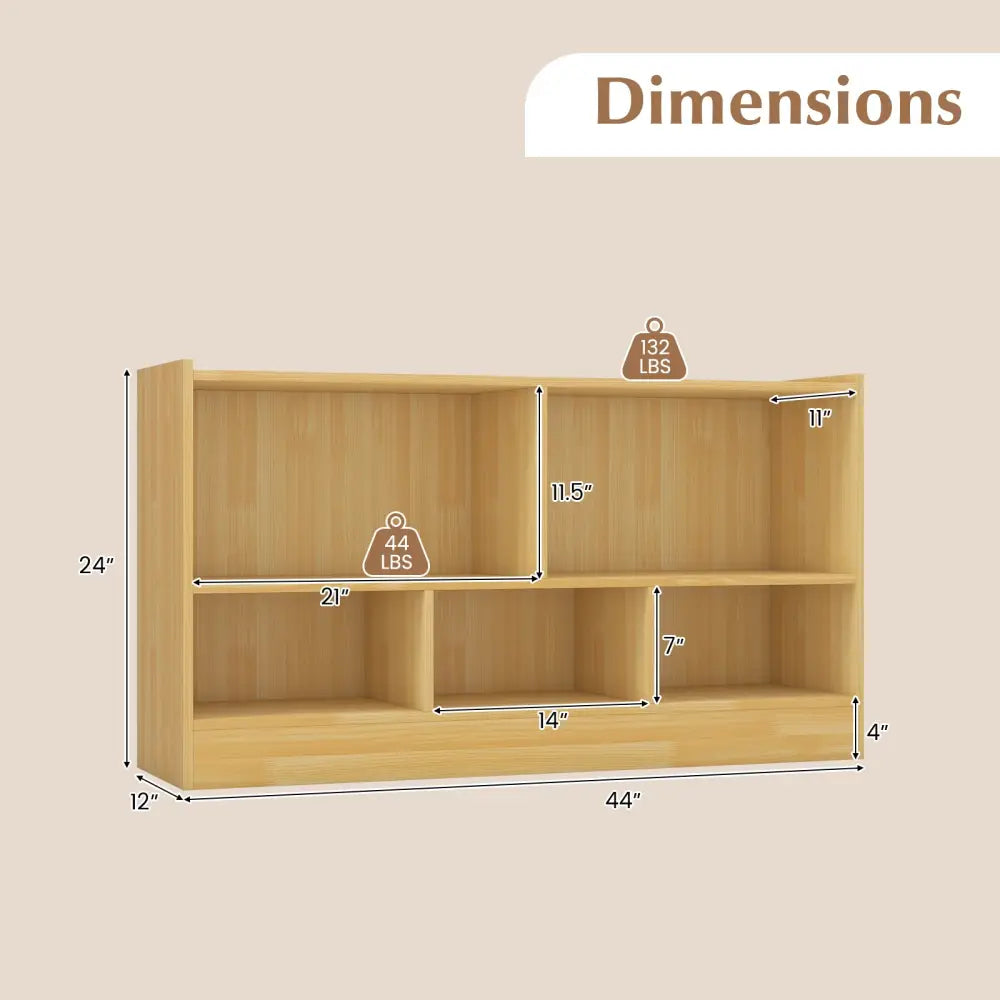 Kids 2-Shelf Bookcase 5-Cube Wood Toy Storage Cabinet Organizer-Beige - Beige - Kids Storage