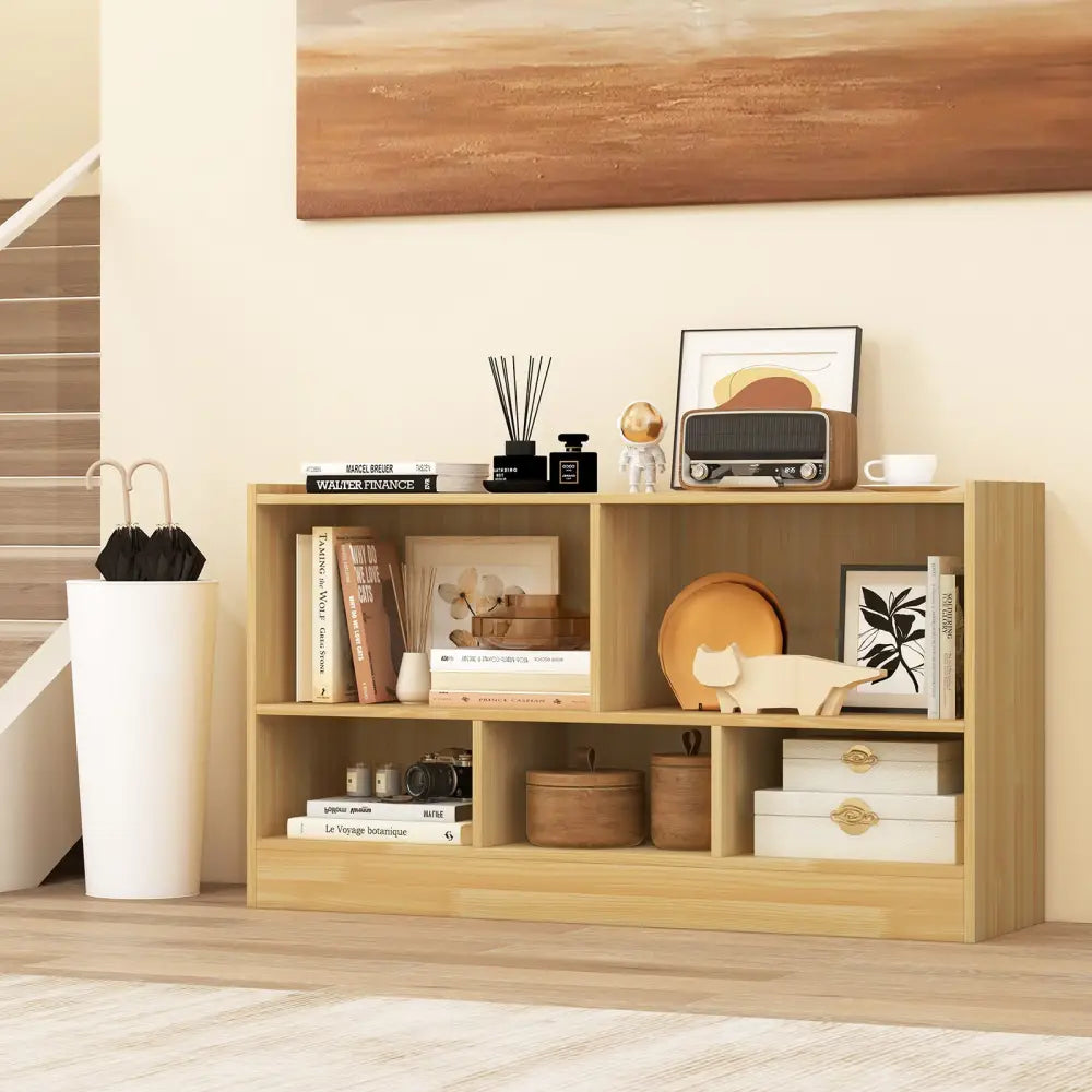 Kids 2-Shelf Bookcase 5-Cube Wood Toy Storage Cabinet Organizer-Beige - Beige - Kids Storage