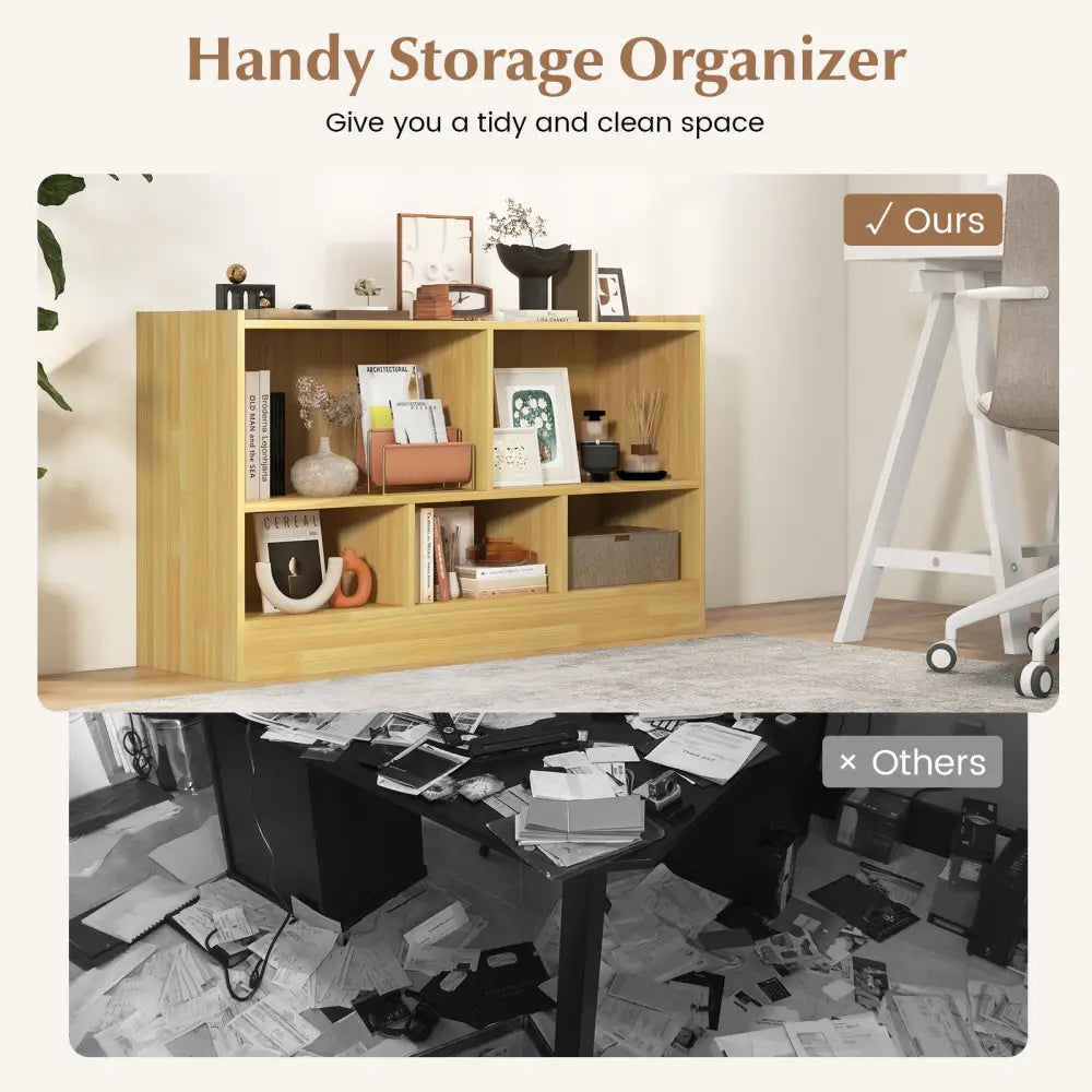 Kids 2-Shelf Bookcase 5-Cube Wood Toy Storage Cabinet Organizer-Beige - Beige - Kids Storage
