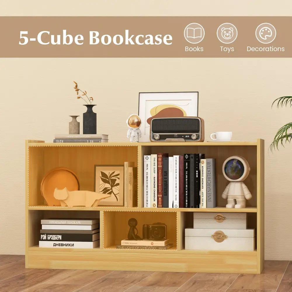 Kids 2-Shelf Bookcase 5-Cube Wood Toy Storage Cabinet Organizer-Beige - Beige - Kids Storage