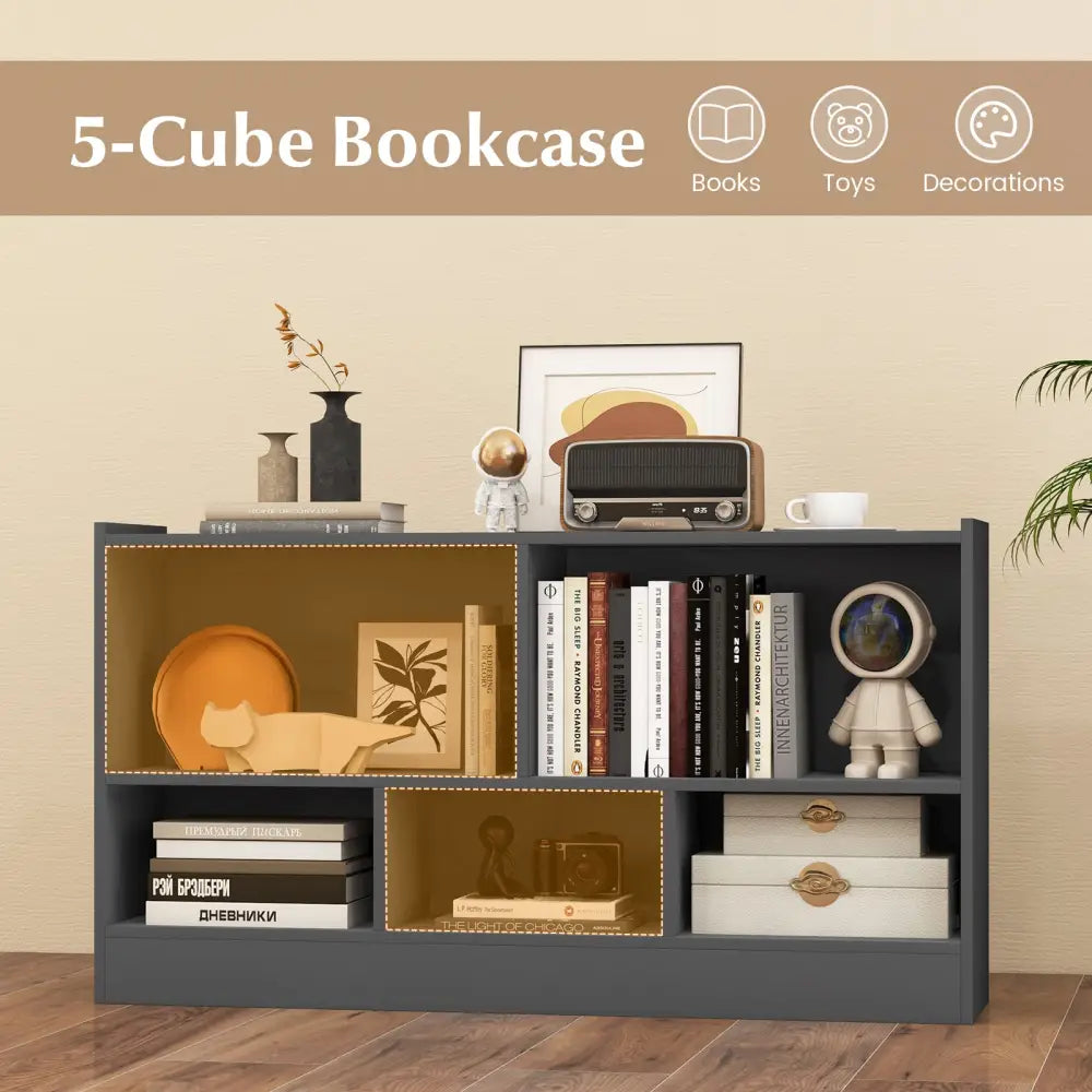 Kids 2-Shelf Bookcase 5-Cube Wood Toy Storage Cabinet Organizer-Gray - Gray - Kids Storage