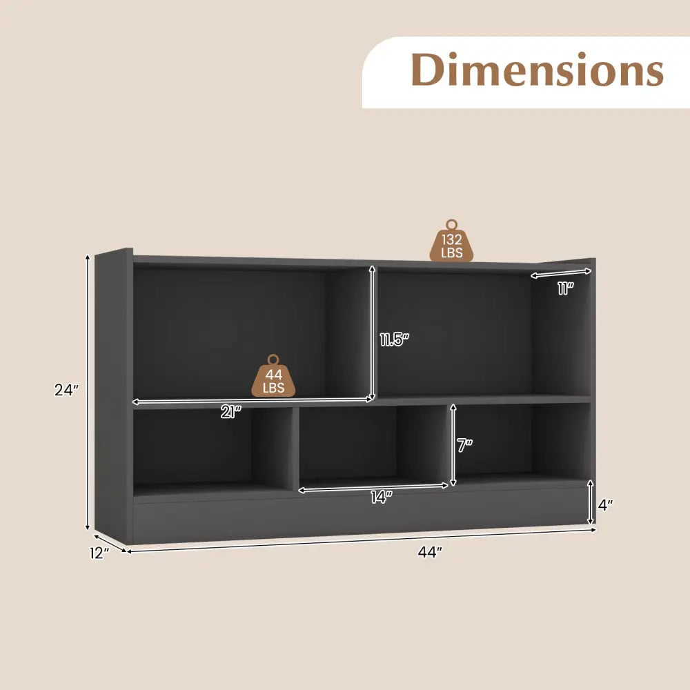 Kids 2-Shelf Bookcase 5-Cube Wood Toy Storage Cabinet Organizer-Gray - Gray - Kids Storage