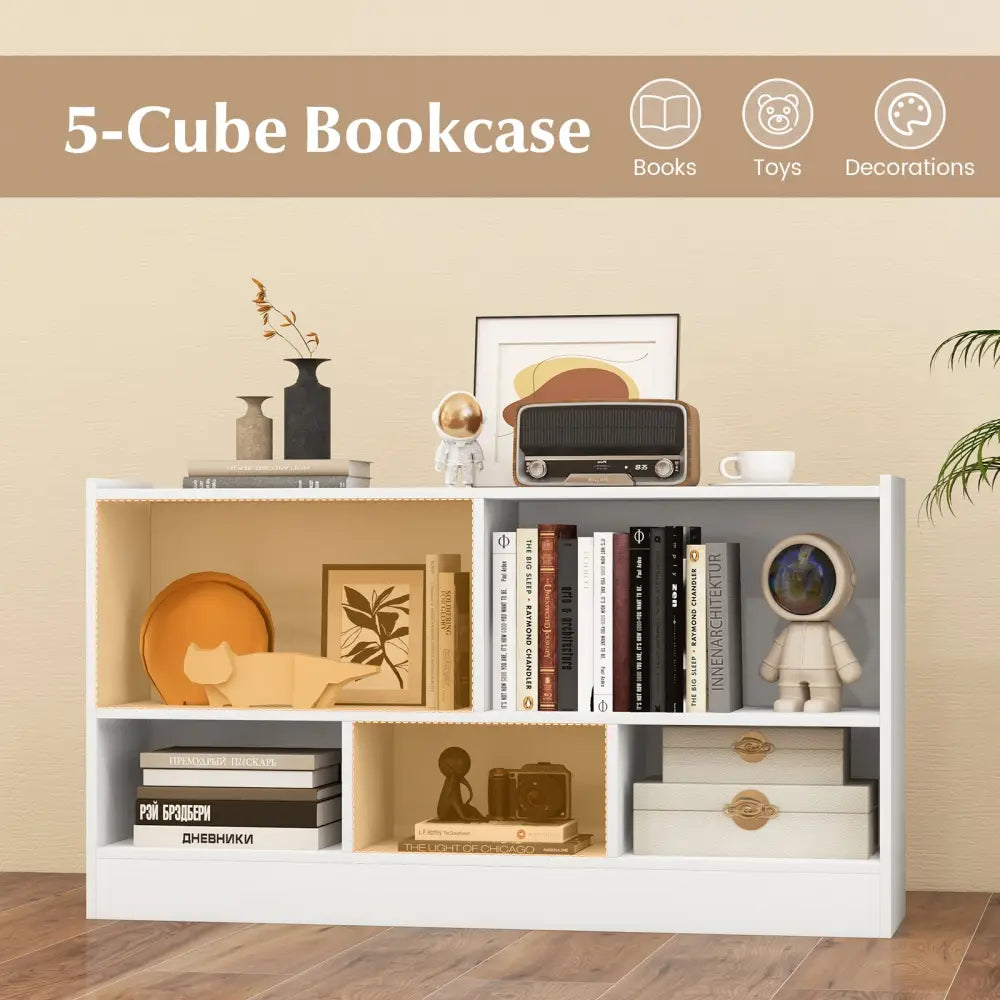 Kids 2-Shelf Bookcase 5-Cube Wood Toy Storage Cabinet Organizer-White - White - Kids Storage