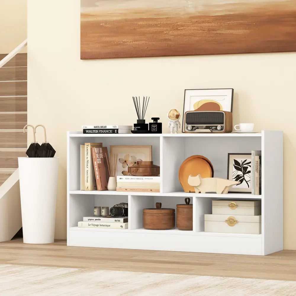 Kids 2-Shelf Bookcase 5-Cube Wood Toy Storage Cabinet Organizer-White - White - Kids Storage