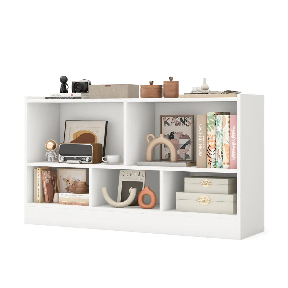 Kids 2-Shelf Bookcase 5-Cube Wood Toy Storage Cabinet Organizer-White - White - Kids Storage