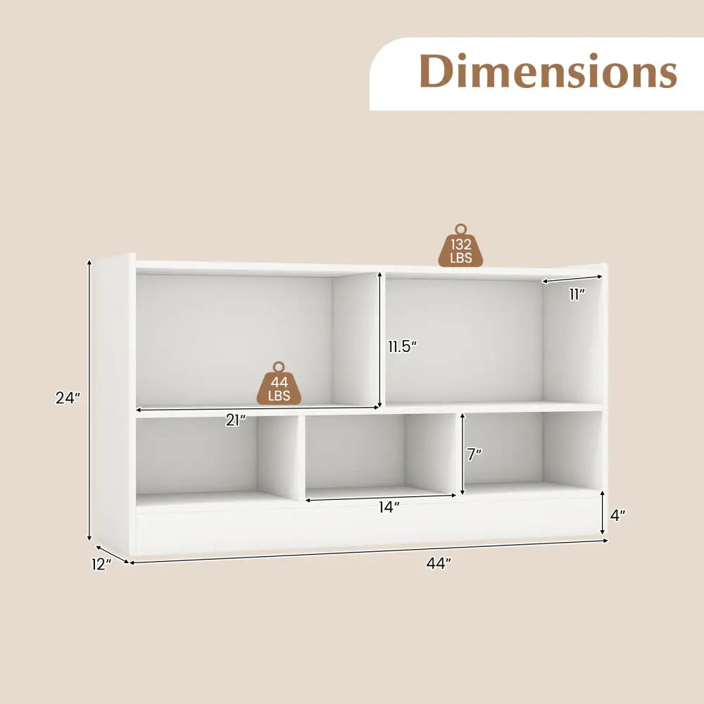 Kids 2-Shelf Bookcase 5-Cube Wood Toy Storage Cabinet Organizer-White - White - Kids Storage