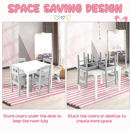 Kids 5 Piece Table and Chair Set Wooden Children Activity Playroom Furniture Gift-White - White - Kids Table & Chair