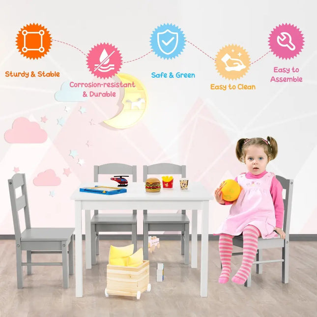 Kids 5 Piece Table and Chair Set Wooden Children Activity Playroom Furniture Gift-White - White - Kids Table & Chair