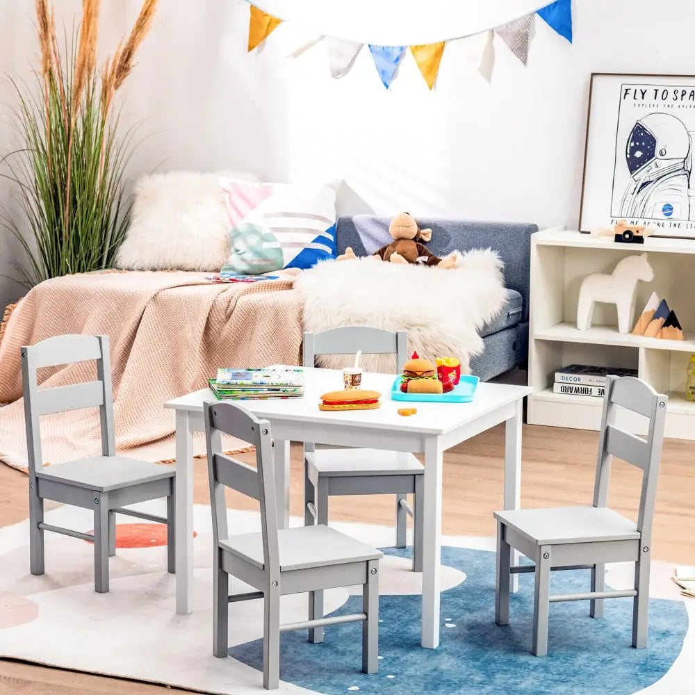 Kids 5 Piece Table and Chair Set Wooden Children Activity Playroom Furniture Gift-White - White - Kids Table & Chair