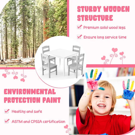 Kids 5 Piece Table and Chair Set Wooden Children Activity Playroom Furniture Gift-White - White - Kids Table & Chair