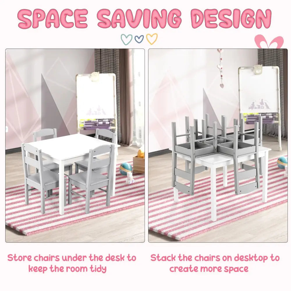 Kids 5 Piece Table and Chair Set Wooden Children Activity Playroom Furniture Gift-White - White - Kids Table & Chair