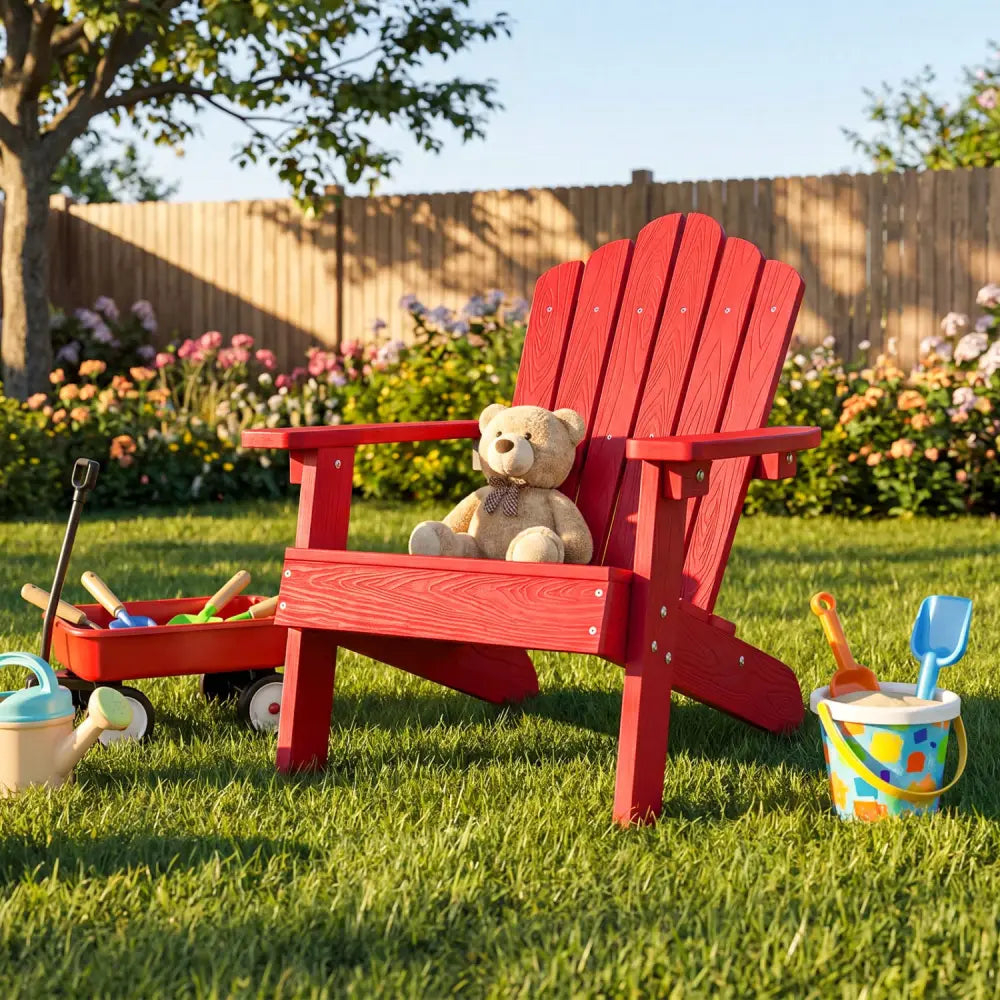 Kids Adirondack Chair All-weather Outdoor Chair for Children with Tilted High Backrest-Red - Red - Kids Chairs & Seating