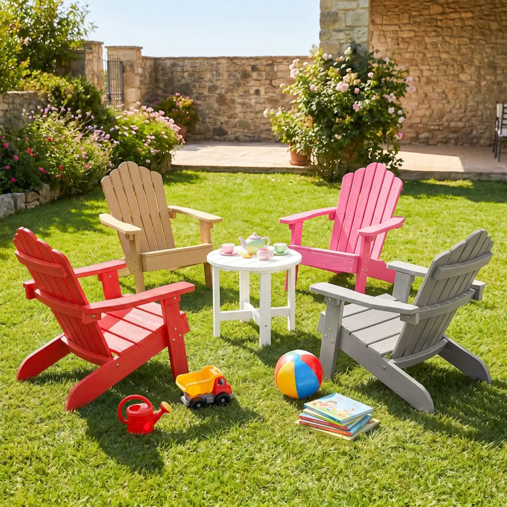Kids Adirondack Chair All-weather Outdoor Chair for Children with Tilted High Backrest-Red - Red - Kids Chairs & Seating
