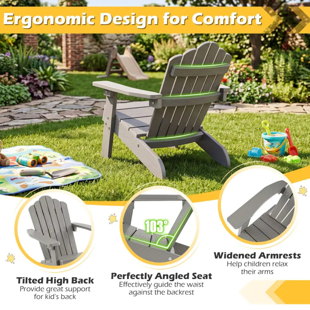 Kids Adirondack Chair All-weather Outdoor Chair for Children with Tilted High Backrest-Grey - Gray - Kids Chairs &