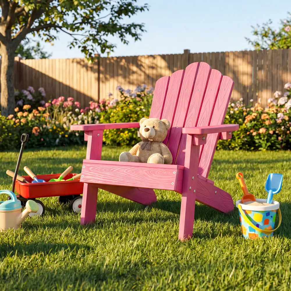 Kids Adirondack Chair All-weather Outdoor Chair for Children with Tilted High Backrest-Pink - Pink - Kids Chairs &