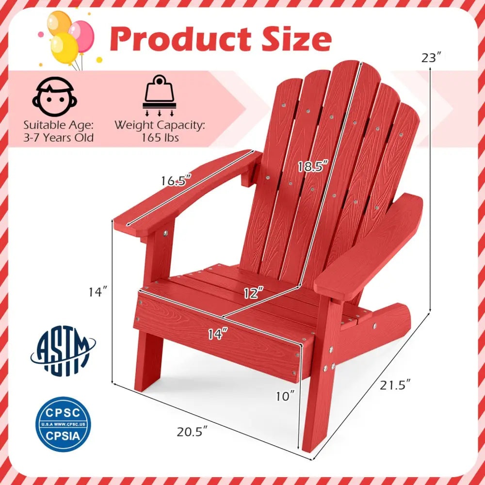 Kids Adirondack Chair All-weather Outdoor Chair for Children with Tilted High Backrest-Red - Red - Kids Chairs & Seating