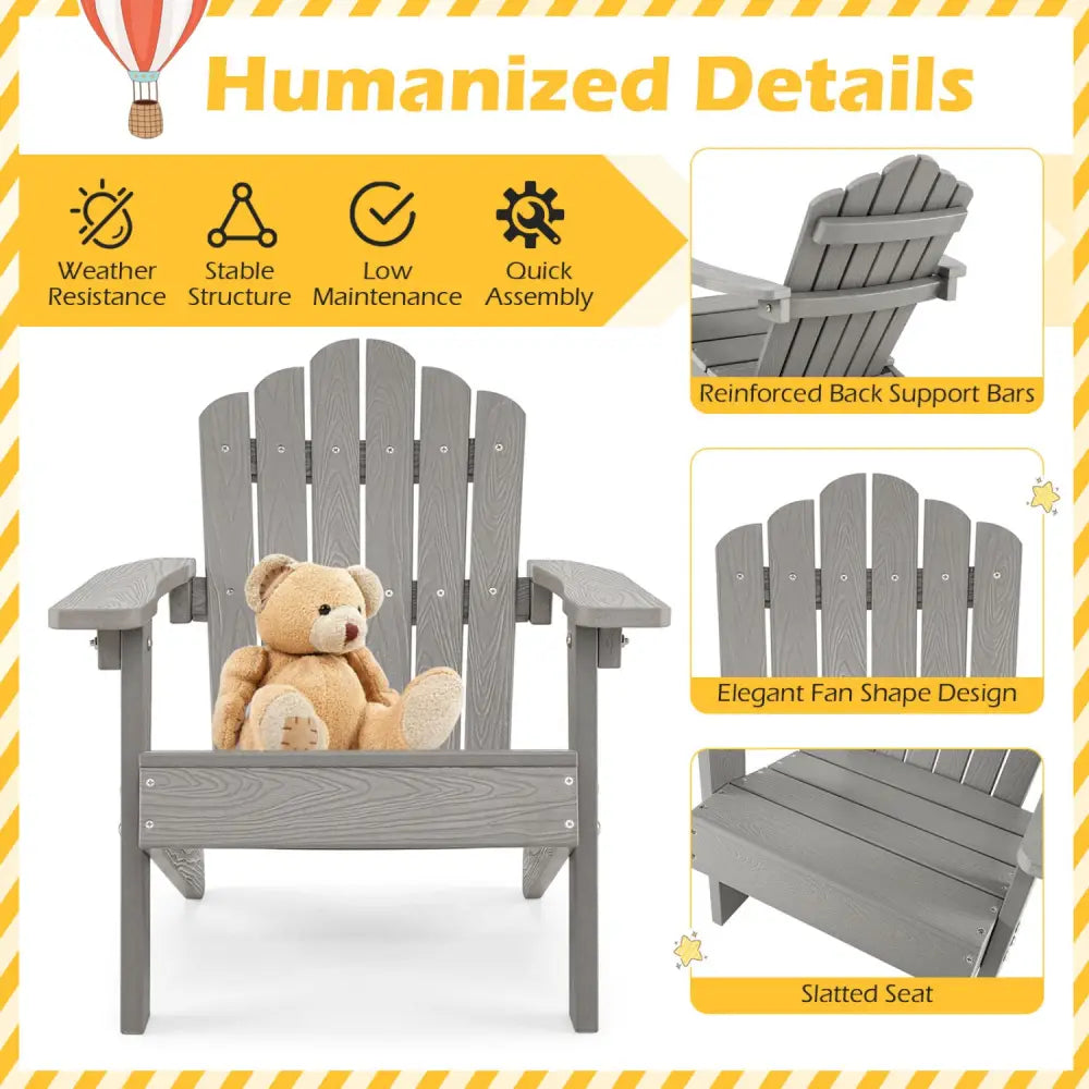 Kids Adirondack Chair All-weather Outdoor Chair for Children with Tilted High Backrest-Grey - Gray - Kids Chairs &